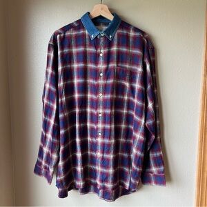 VTG GreatLand 90s Flannel Plaid Shirt Size L Denim Collar 100% Cotton Preppy NOS